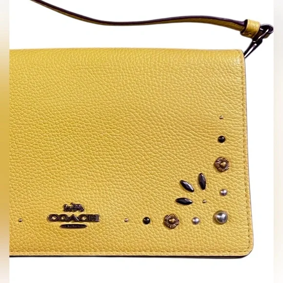 Coach Hayden Foldover Crossbody Yellow Clutch w/ Prairie Rivets - Picture 3 of 14